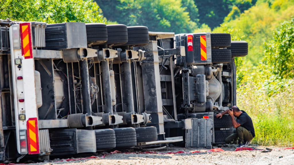 A man examines the underside of a flipped over semi on the side of the road
