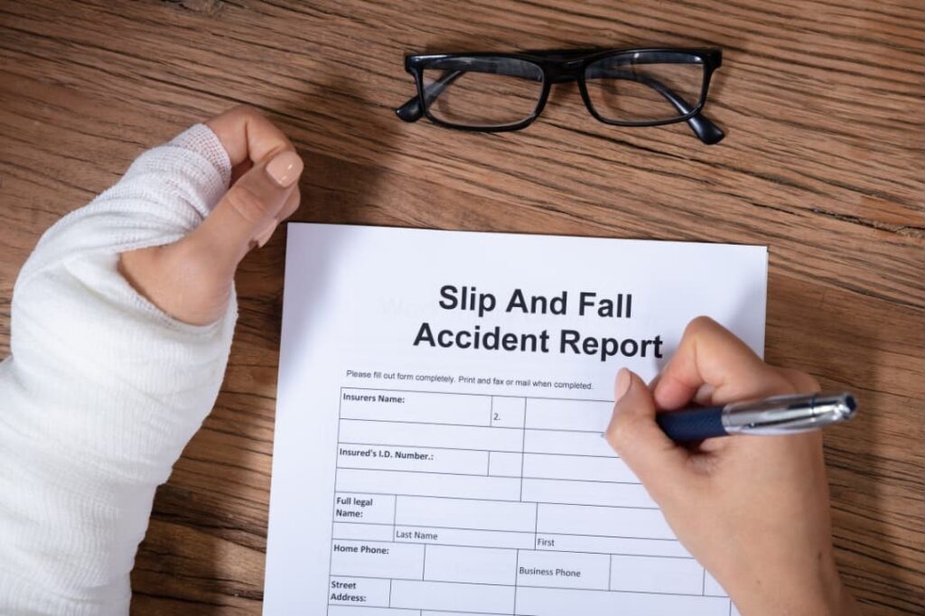 An injured person writing on a Slip and Fall Accident Report 