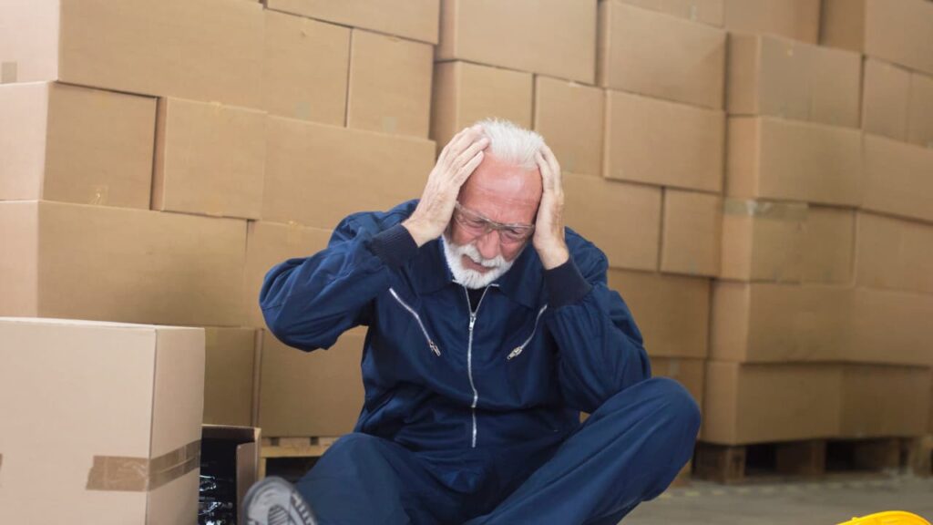 A man suffering a severe migraine sitting on the floor