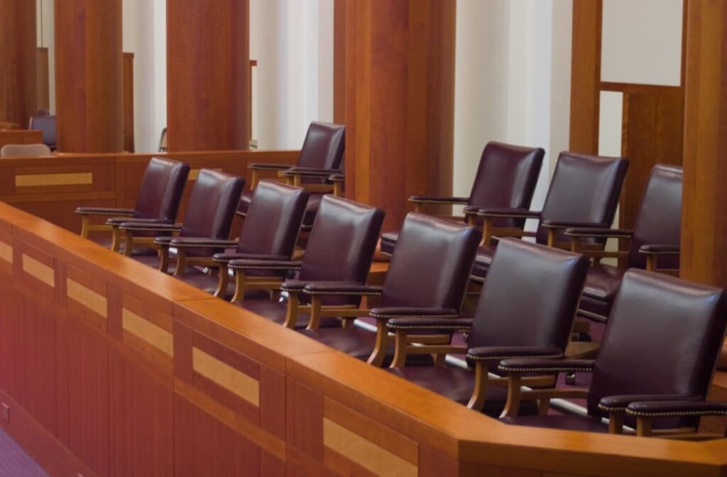 Jury seats in a modern courtroom
