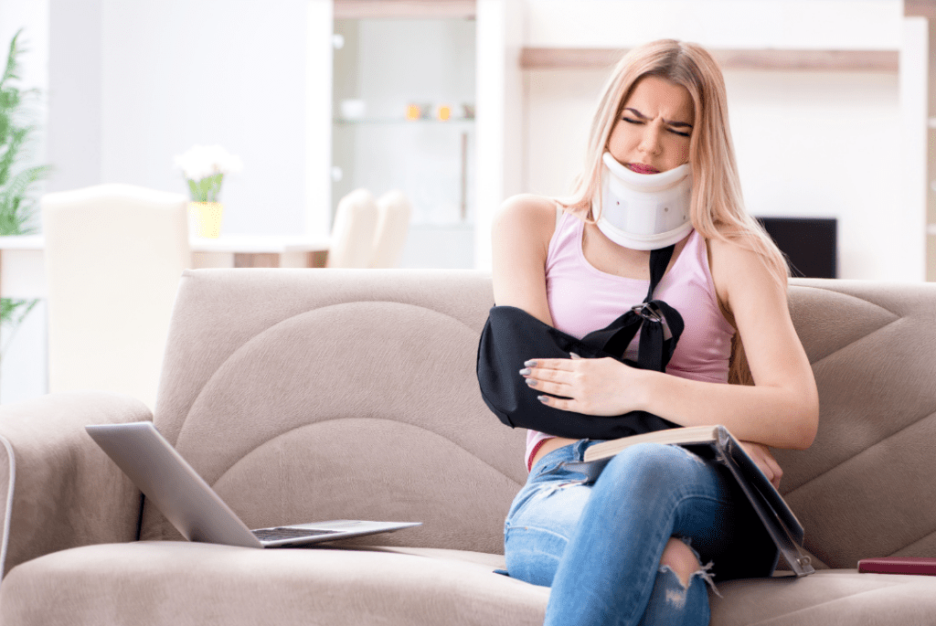 A woman wearing a neck cast, which provides support and immobilization for a neck injury or medical condition