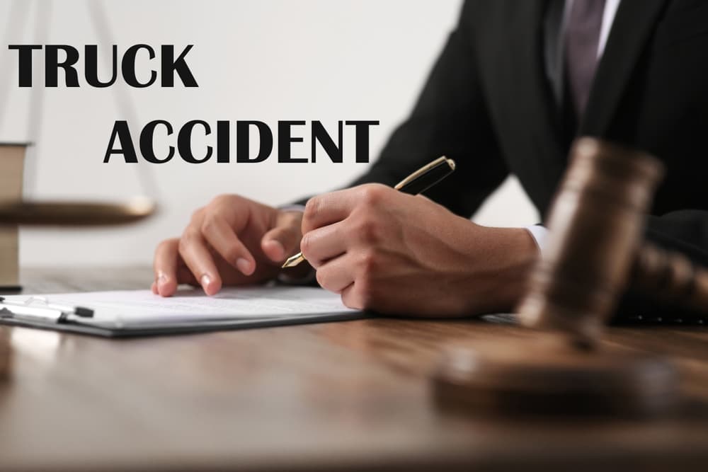 Truck accident law. Judge working at wooden table, closeup