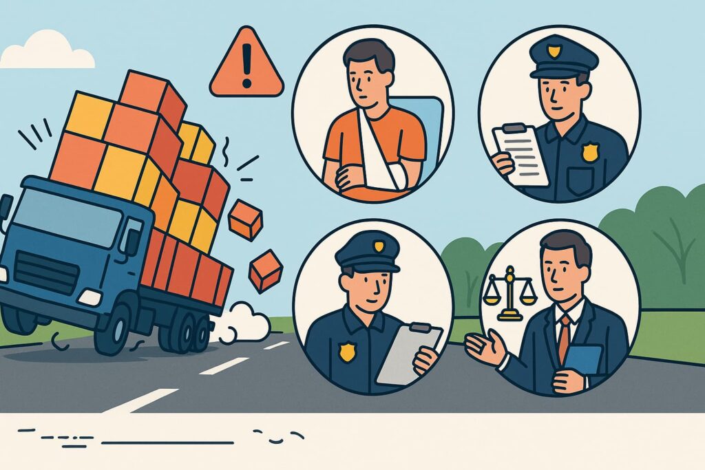 Illustration showing a truck accident caused by overloaded cargo, with visual steps depicting injury, police reporting, evidence collection, and legal consultation.