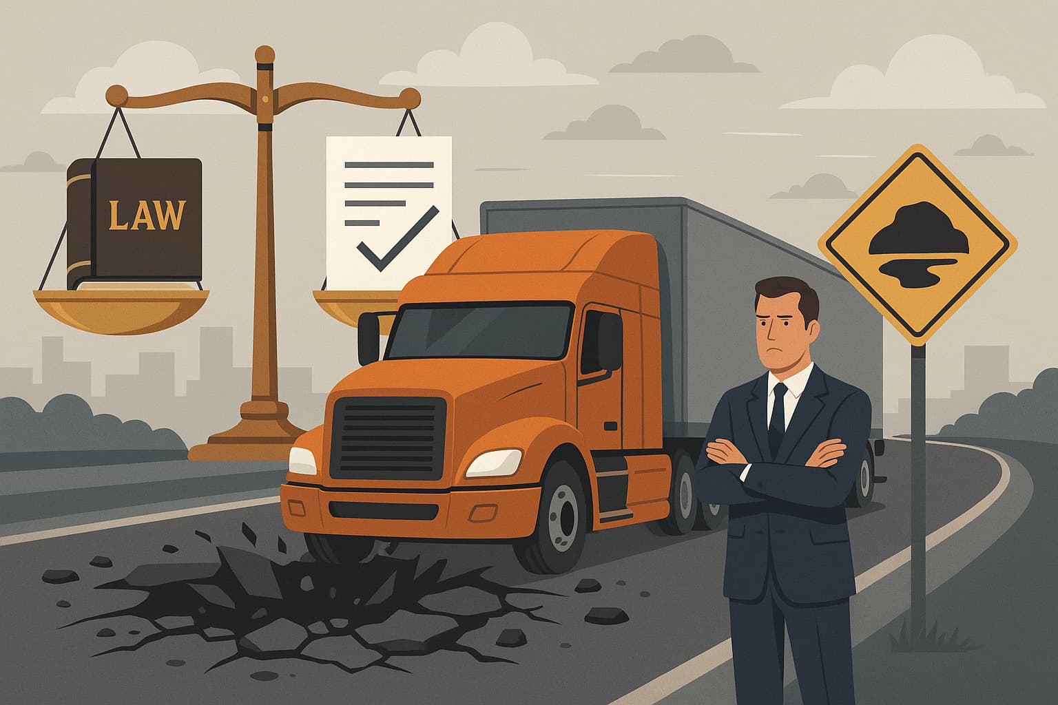 Illustration of a semi-truck damaged by a large pothole, a lawyer standing nearby, and justice scales symbolizing legal action for poor road conditions.