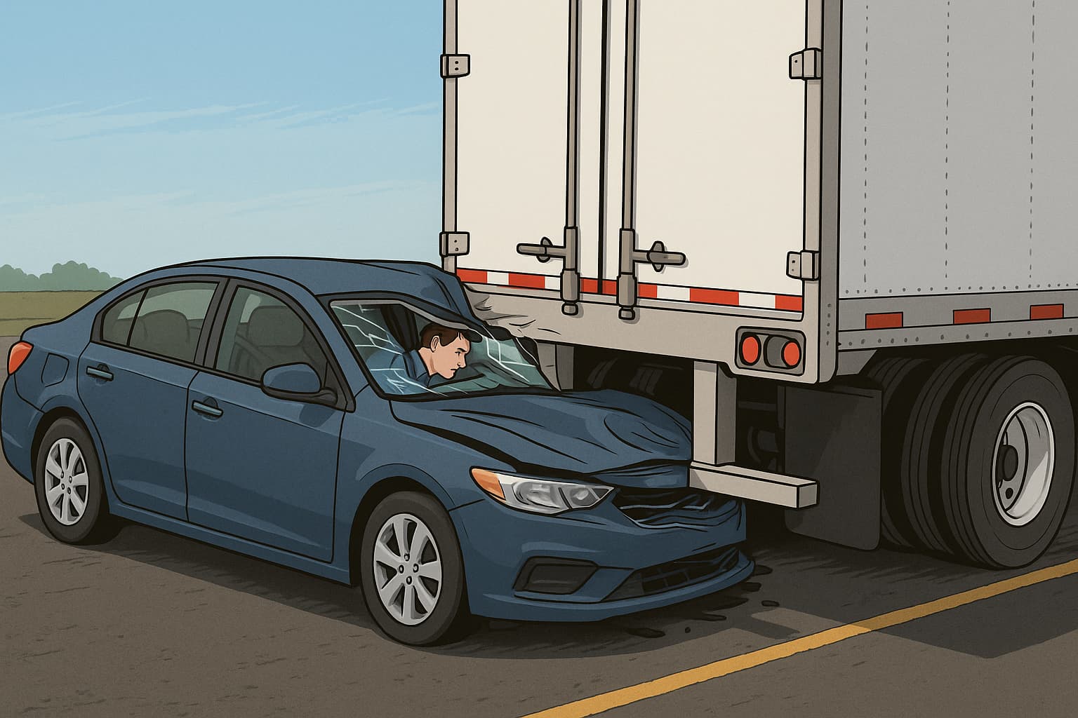 Illustration of a car crashed under the rear of a semi-truck in an underride accident, showing impact damage and the truck's rear guard.