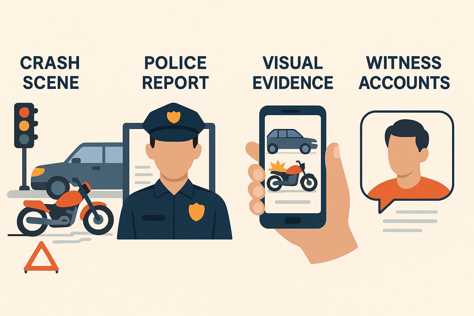 Infographic showing key evidence in high-speed motorcycle accident cases, including crash scene details, police report, visual proof, and witness accounts.