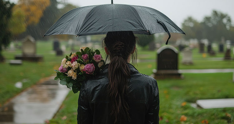 Person holding an umbrella in a rainy cemetery, representing grief after a wrongful death in Gary