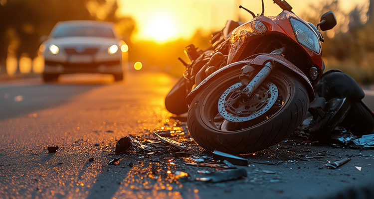 Motorcycle crash at sunset on a rural road, illustrating injuries after an Indiana motorcycle passenger accident