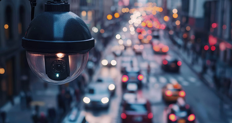 Security camera monitoring traffic and pedestrians on a busy city street at dusk, relevant to Indiana pedestrian accident claims