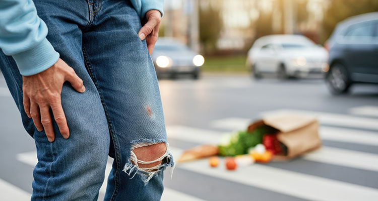 Person with an injured knee on a crosswalk with groceries spilled, illustrating pedestrian injuries in South Bend